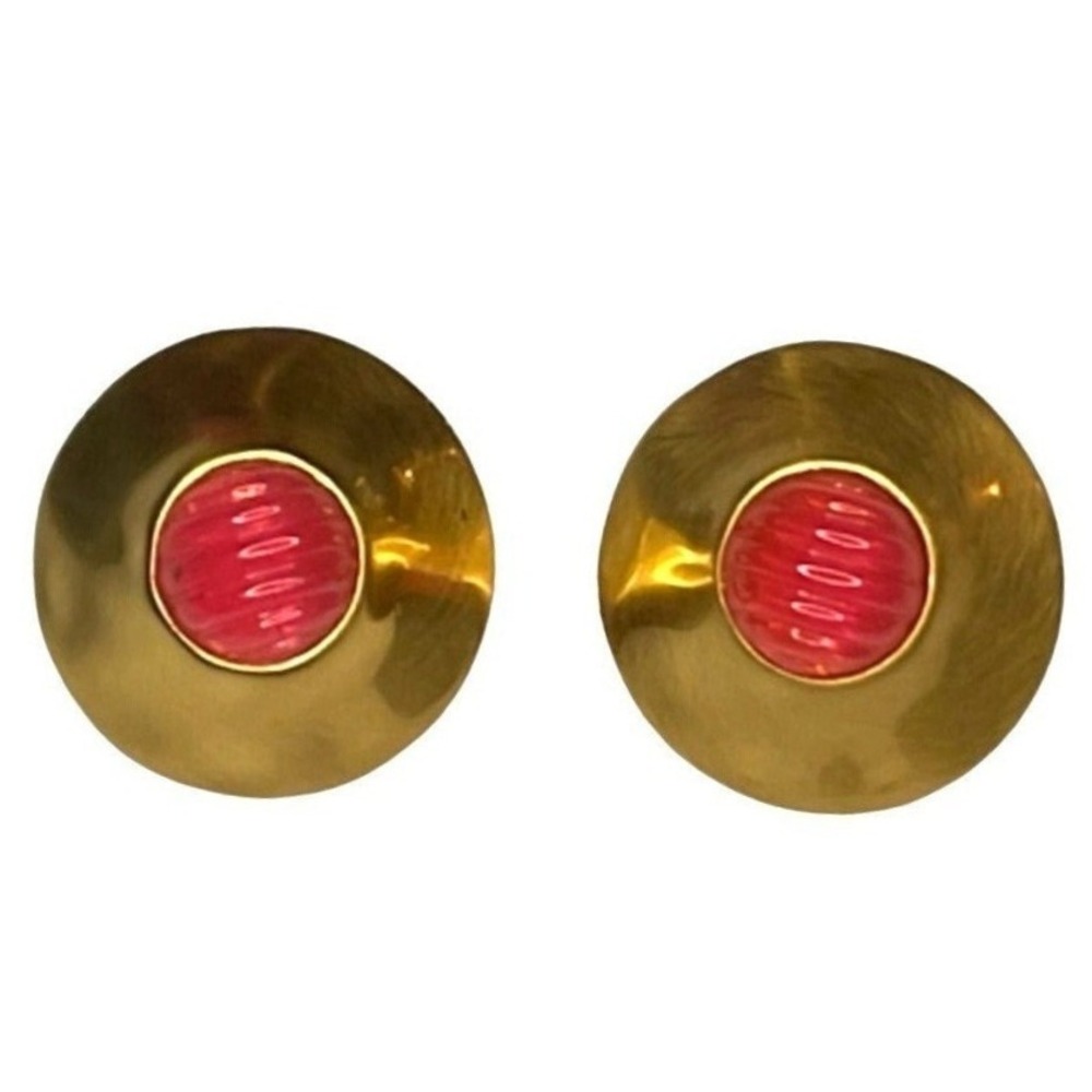 Anne‎ Klein Couture Vintage Gold Tone Round Discs Pink Cabochon Clip On Earrings